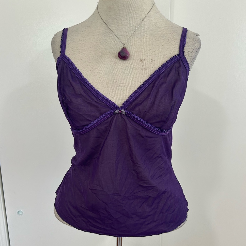 DKNY BEAUTIFUL PURPLE SEXY SHEER CAMISOLE LINGERIE TOP RUFFLE TRIM/ BOW